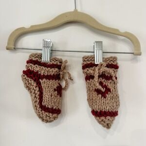 Knit Baby Booties 6-12 Mos Beige Burgundy Maple Leaf Lined Booties Handmade Wool